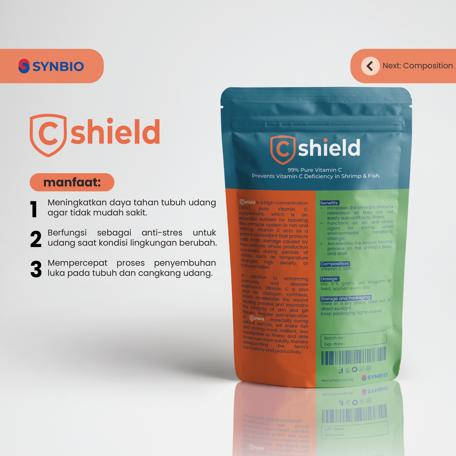 C-shield - Vitamin C 99% untuk Udang dan Ikan, Meningkatkan Imunitas & Anti-stres serta Mencegah Penyakit 1kg - Gambar 2