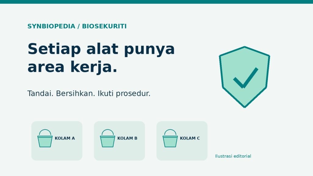 Ilustrasi ember berkode Kolam A, B, dan C dengan simbol perisai untuk pengaturan peralatan tambak.