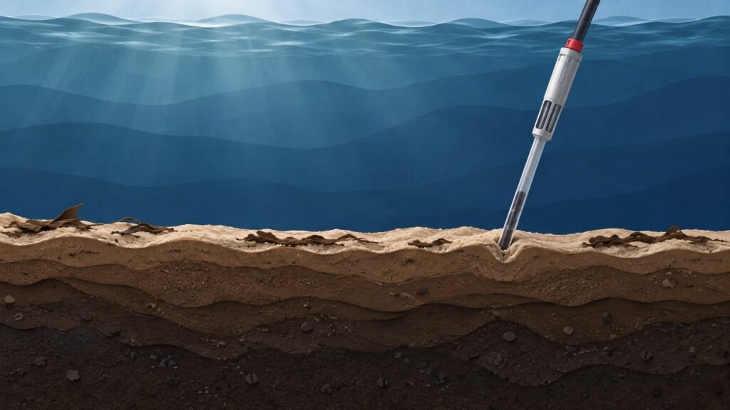 Ilustrasi konseptual potongan lapisan air dan sedimen dasar tambak dengan probe; bukan visualisasi kadar sulfida atau hasil pengujian.