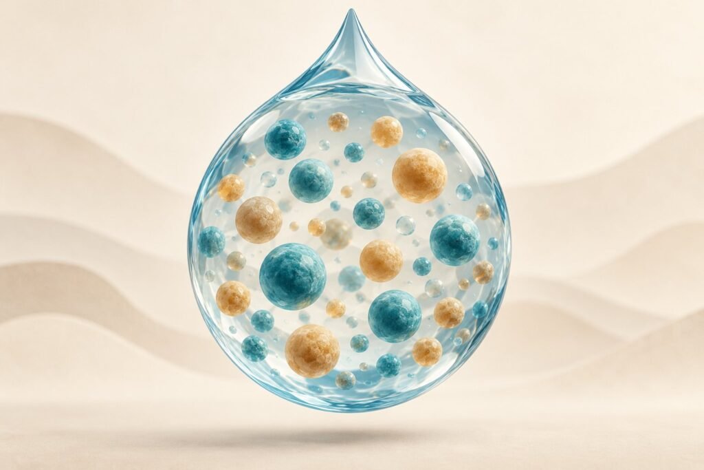 Ilustrasi konseptual mineral terlarut berupa bola biru kehijauan dan keemasan di dalam tetesan air.