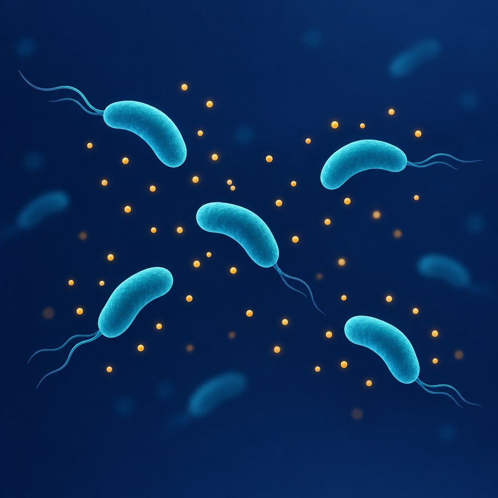 Ilustrasi konseptual bakteri berbentuk batang melengkung dan titik molekul sinyal quorum sensing pada latar biru gelap.